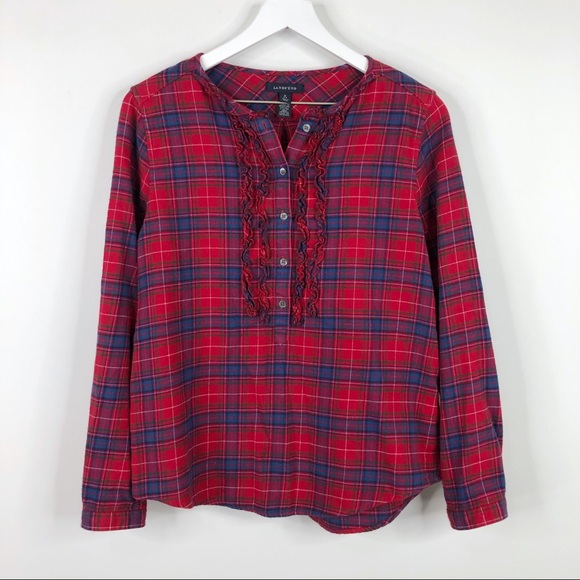 SOLD Lands End Red Tartan Plaid Flannel Ruffle Shirt - Picture 5 of 8